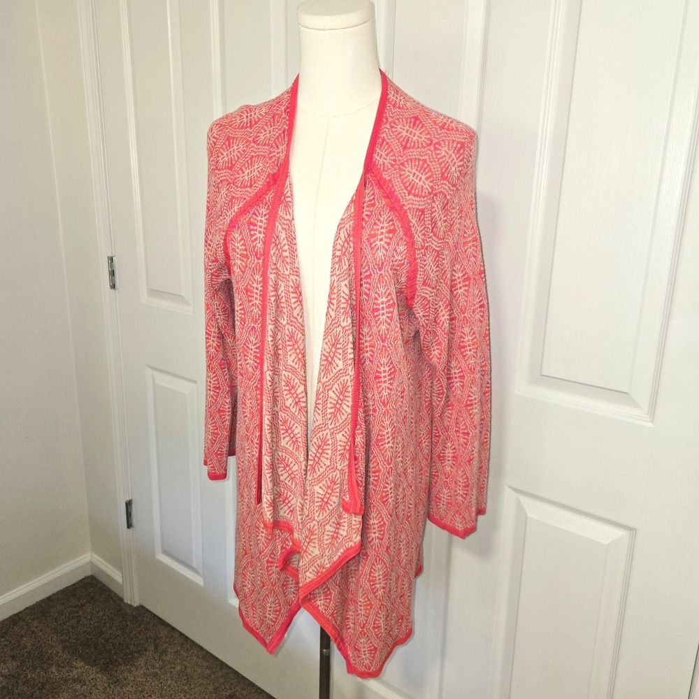 Sigrid Olsen Signature Cardigan Womens XL Coral Pink Geometric Open Front Knit
